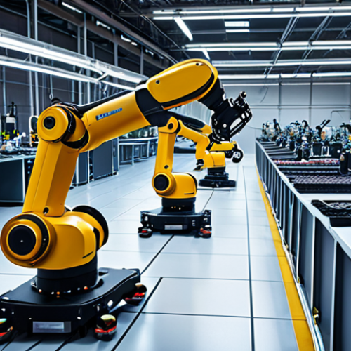 **A modern factory floor with robotic arms assembling products, sensors glowing with data, and an AI interface overlayed, visualizing predictive maintenance analytics. Focus on the cleanliness, efficiency, and technological advancement, highlighting the benefits of AI in Industry