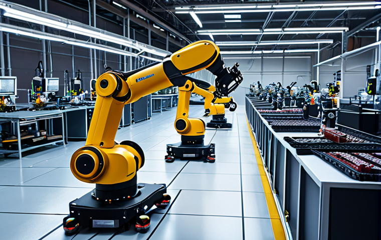 **A modern factory floor with robotic arms assembling products, sensors glowing with data, and an AI interface overlayed, visualizing predictive maintenance analytics. Focus on the cleanliness, efficiency, and technological advancement, highlighting the benefits of AI in Industry