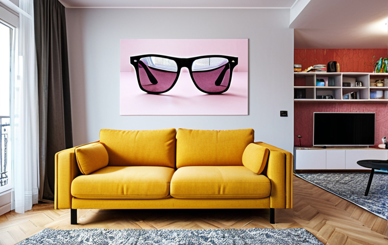 **

Prompt: A person wearing AR glasses, looking at a virtual sofa overlaid on their real-life living room. Modern Polish apartment interior, bright daylight. Emphasis on the blend of digital and physical worlds.

**